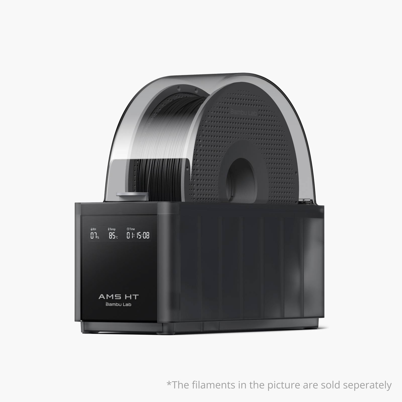 3D-Drucker-Einheit mit Schutzabdeckung und digitalem Display, das Statusinformationen anzeigt. Filamente separat erhältlich.