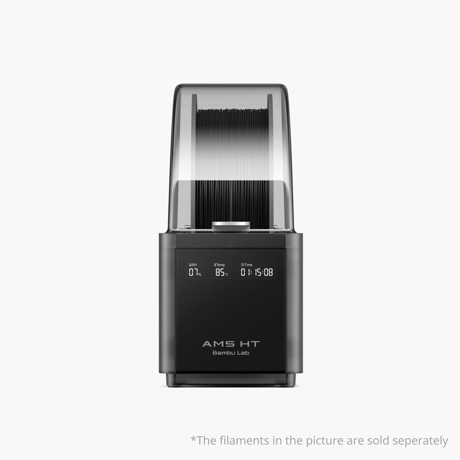 Ein schwarzes Behältnis mit Bambu Lab AMS HT Aufschrift zeigt digitale Steuerungsanzeigen. Filamente auf Bild separat erhältlich.