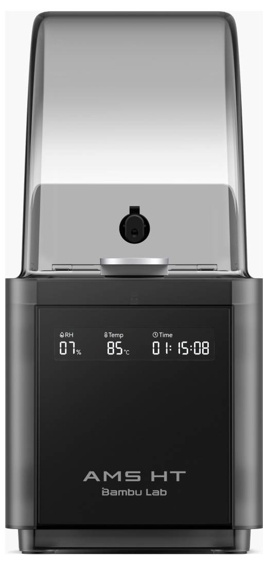 Schwarzes Gerät mit transparenter Abdeckung, Display zeigt Temperatur '85°C', Luftfeuchtigkeit '07%' und Zeit '01:15:08'.