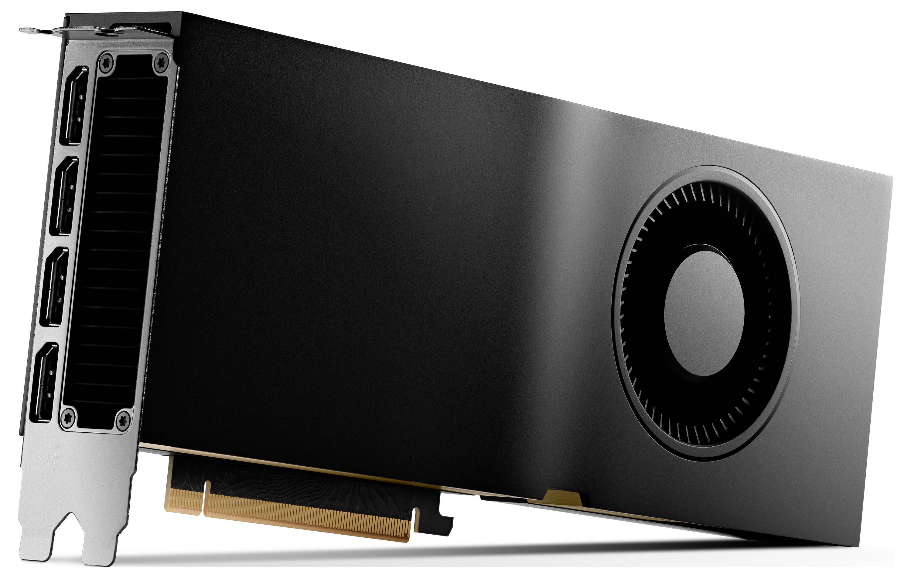 Eine schwarze Computergrafikkarte mit Kühlventilator und mehreren Anschlüssen auf einer Seite, schräg von der Seite gezeigt.