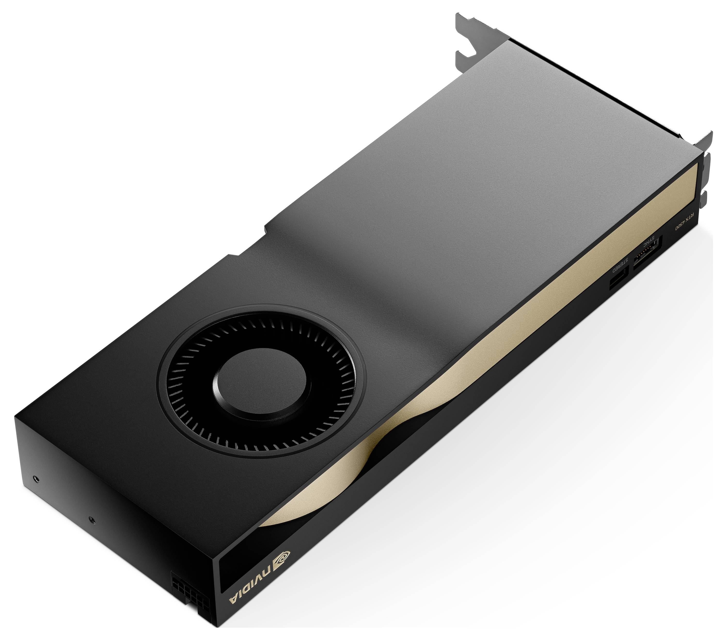 Eine schwarze und goldene NVIDIA-Grafikkarte mit Lüfter auf schwarzem Gehäuse, eignet sich für Hochleistungs-Computing-Anwendungen.