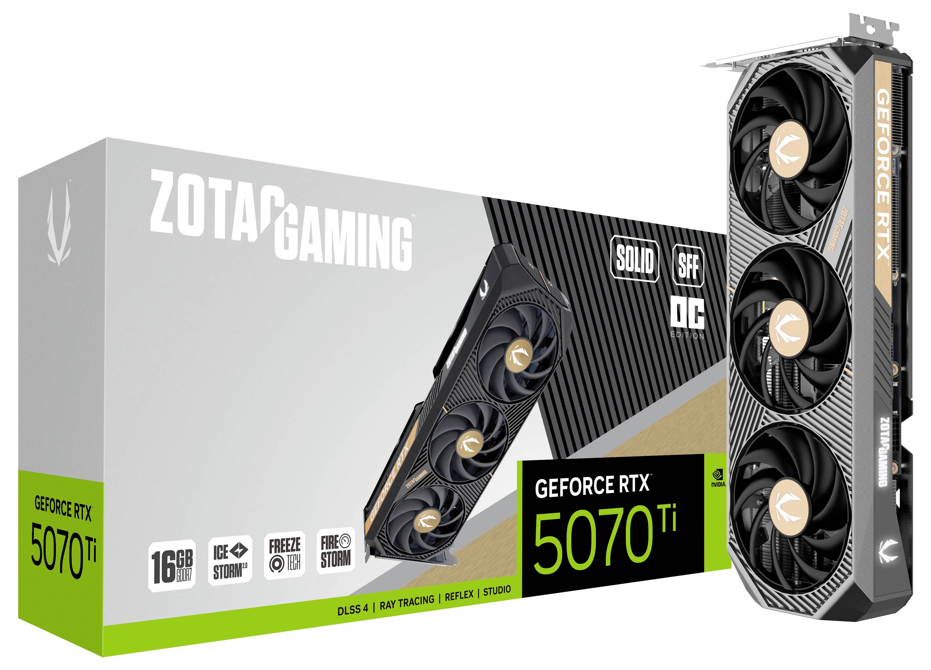 Eine Grafikkarte 'ZOTAC GAMING GeForce RTX 5070 Ti' mit Verpackung. Die Karte hat drei Lüfter und 16GB Speicher, geeignet für Ray Tracing.