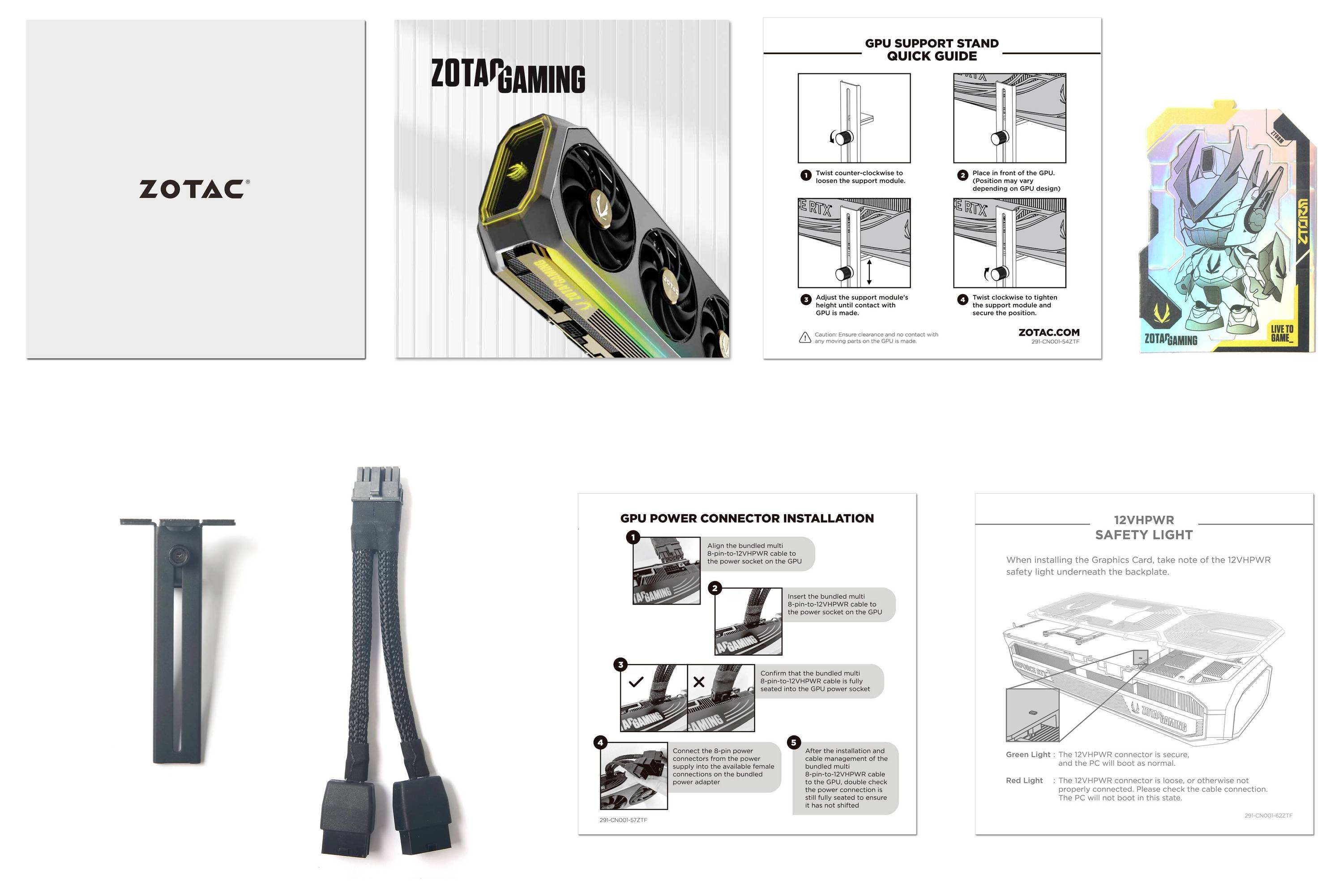 'ZOTAC GAMING GeForce RTX 4080' Verpackungsinhalt: GPU, Ständer, Anleitungen und Zubehör. GPU Abbildung mit neonfarbenen Akzenten.