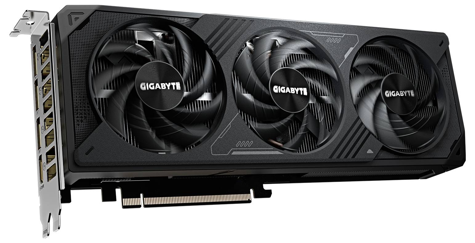 Schwarze Grafikkarte mit drei großen Lüftern, Marke 'GIGABYTE'. Sie verfügt über mehrere Anschlussmöglichkeiten an der Seite.