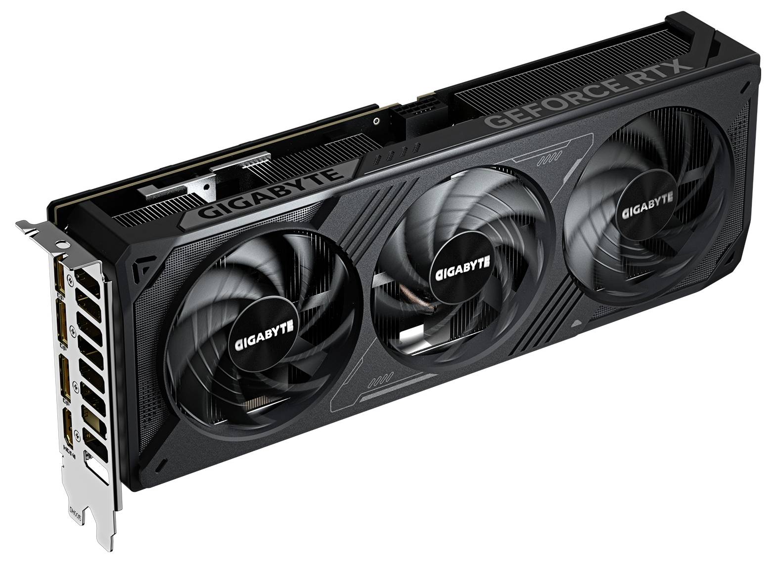 Eine schwarze Gigabyte-Grafikkarte mit drei Lüftern, Modell GeForce RTX. Sie verfügt über mehrere Anschlüsse auf der linken Seite.