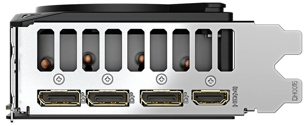 'Rückseite einer Grafikkarte mit fünf Lüftungsschlitzen und drei HDMI-Anschlüssen, seitlich an der Metallplatte befestigt.'