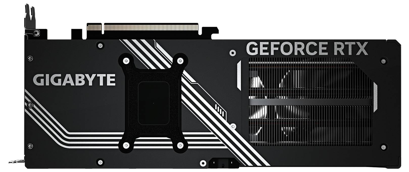 Schwarze Grafikkarte von Gigabyte mit Beschriftung "GEFORCE RTX", zeigt Lüfter und Designelemente.