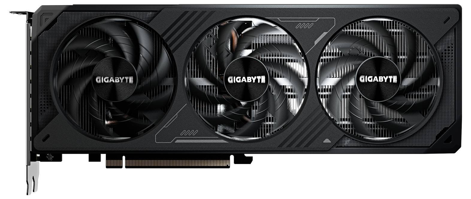 Schwarze Grafikkarte mit drei Lüftern, Marke 'Gigabyte', PCIe-Steckplatz unten rechts für Einbau in Computergehäuse.