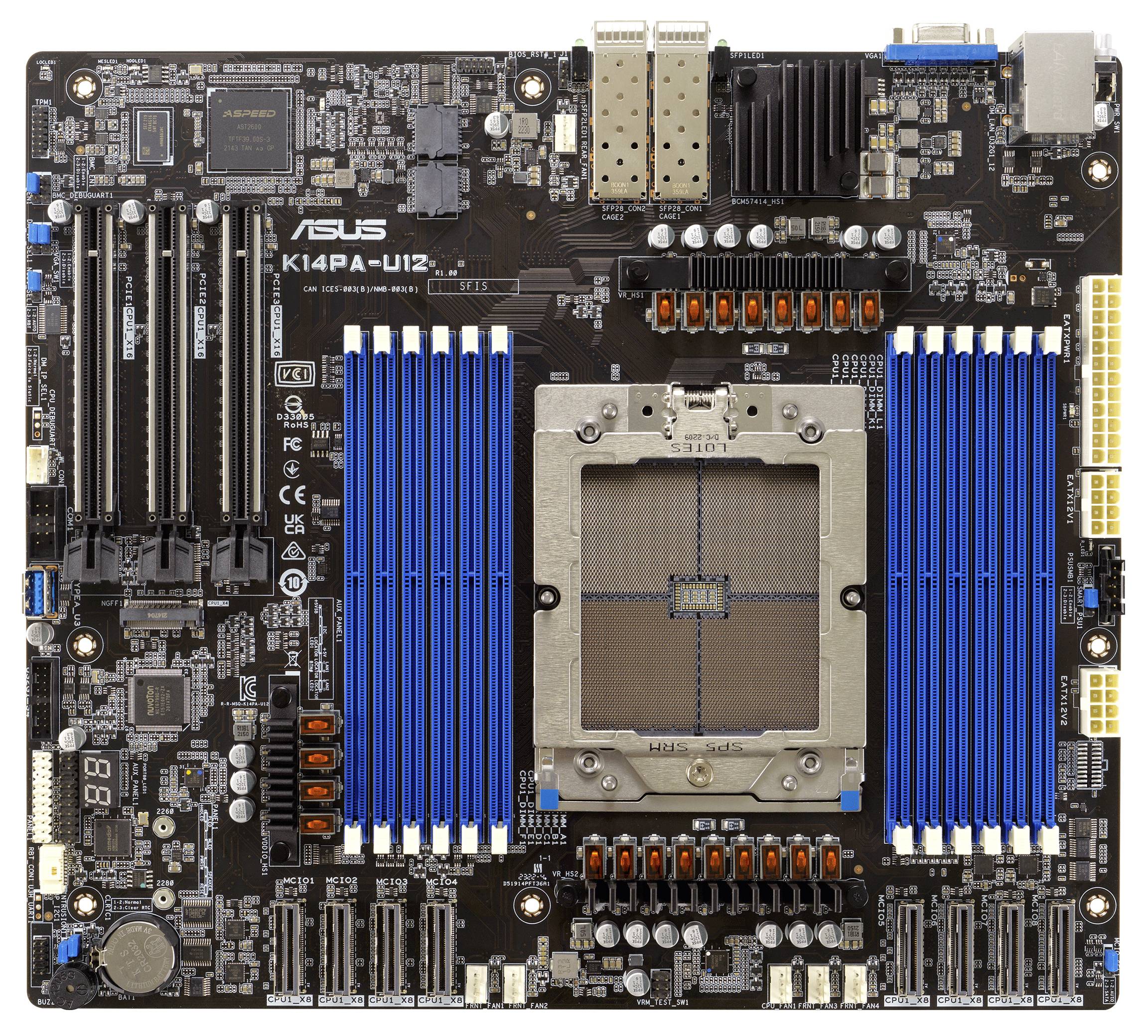 Eine Computer-Motherboard-Platine mit großer CPU-Fassung in der Mitte, blauen RAM-Steckplätzen links und rechts und mehreren Anschlüssen.