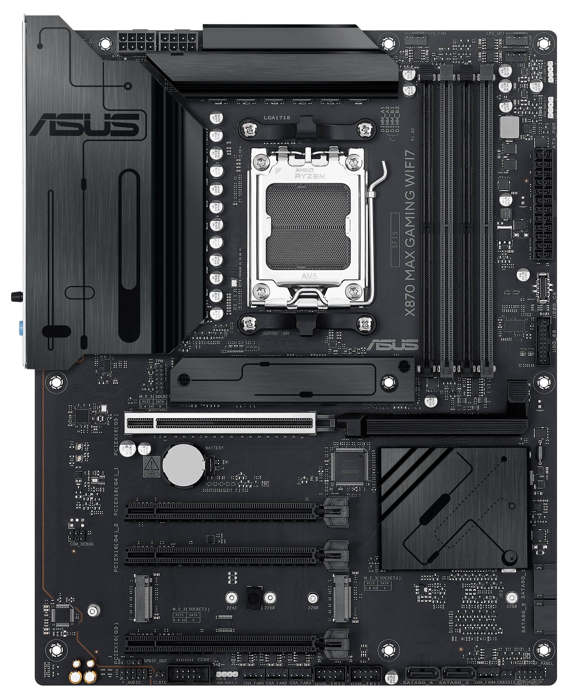 Eine ASUS-Motherboard-Platine mit der Aufschrift 'PRIME X670-P'. Sichtbare Komponenten wie RAM-Steckplätze, CPU-Sockel, und Kühlkörper.
