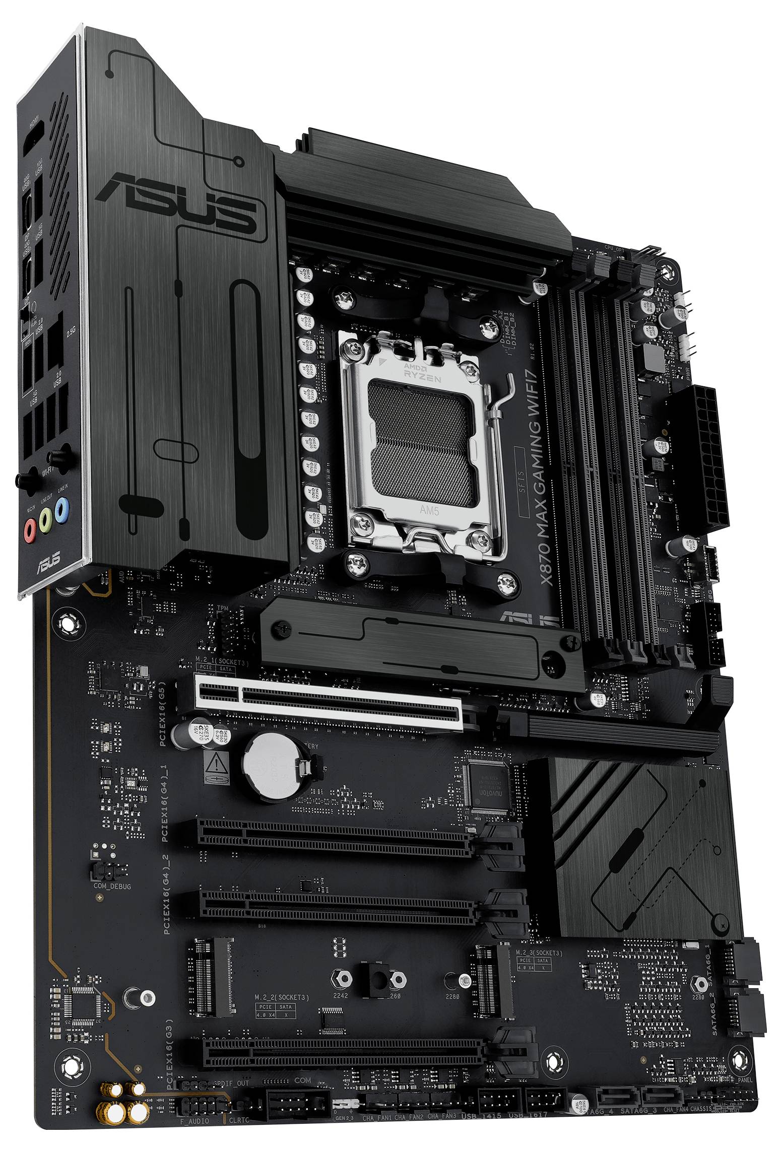 Eine schwarze ASUS-Motherboard-Platine mit mehreren PCIe-Steckplätzen, Speichersteckplätzen und einem CPU-Sockel.