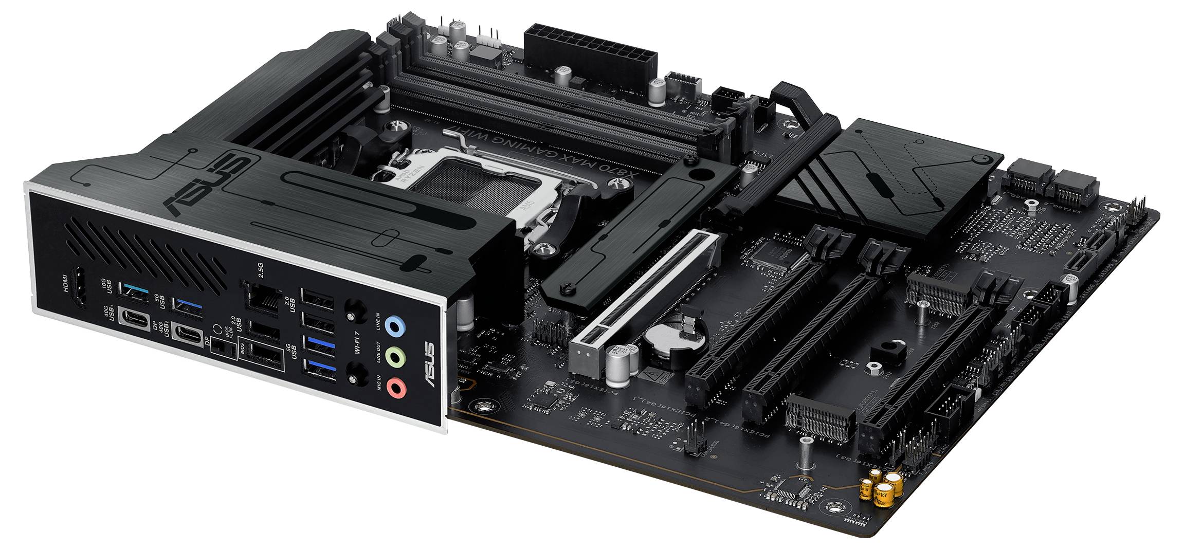 Ein Computer-Mainboard mit mehreren PCIe-Slots, RAM-Steckplätzen, Anschlüssen und einem CPU-Sockel, für Desktop-PCs konzipiert.