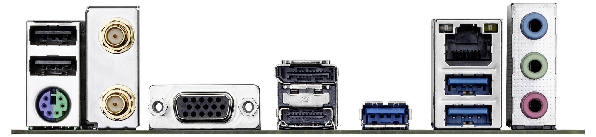 Anschlüsse einer Computer-Hauptplatine: USB, VGA, HDMI, Ethernet und Audioanschlüsse in verschiedenen Farben.