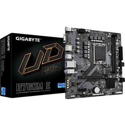 Gigabyte B760M E Mainboard neben der Verpackung, zeigt verschiedene Anschlüsse und Komponenten auf der Platine.