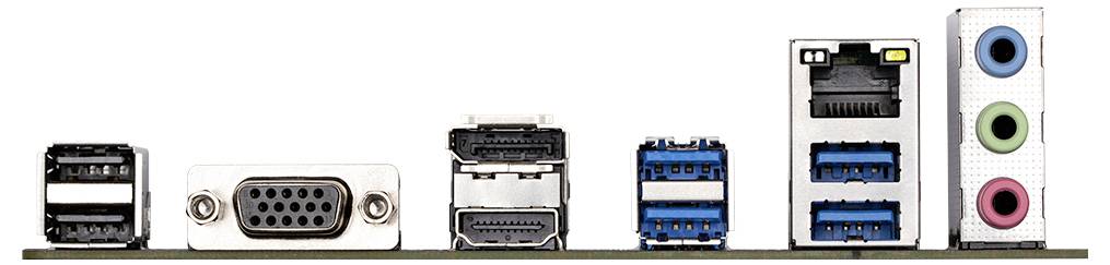 Rückseite eines Computer-Motherboards mit verschiedenen Anschlüssen: USB, VGA, HDMI, Ethernet, Audio.