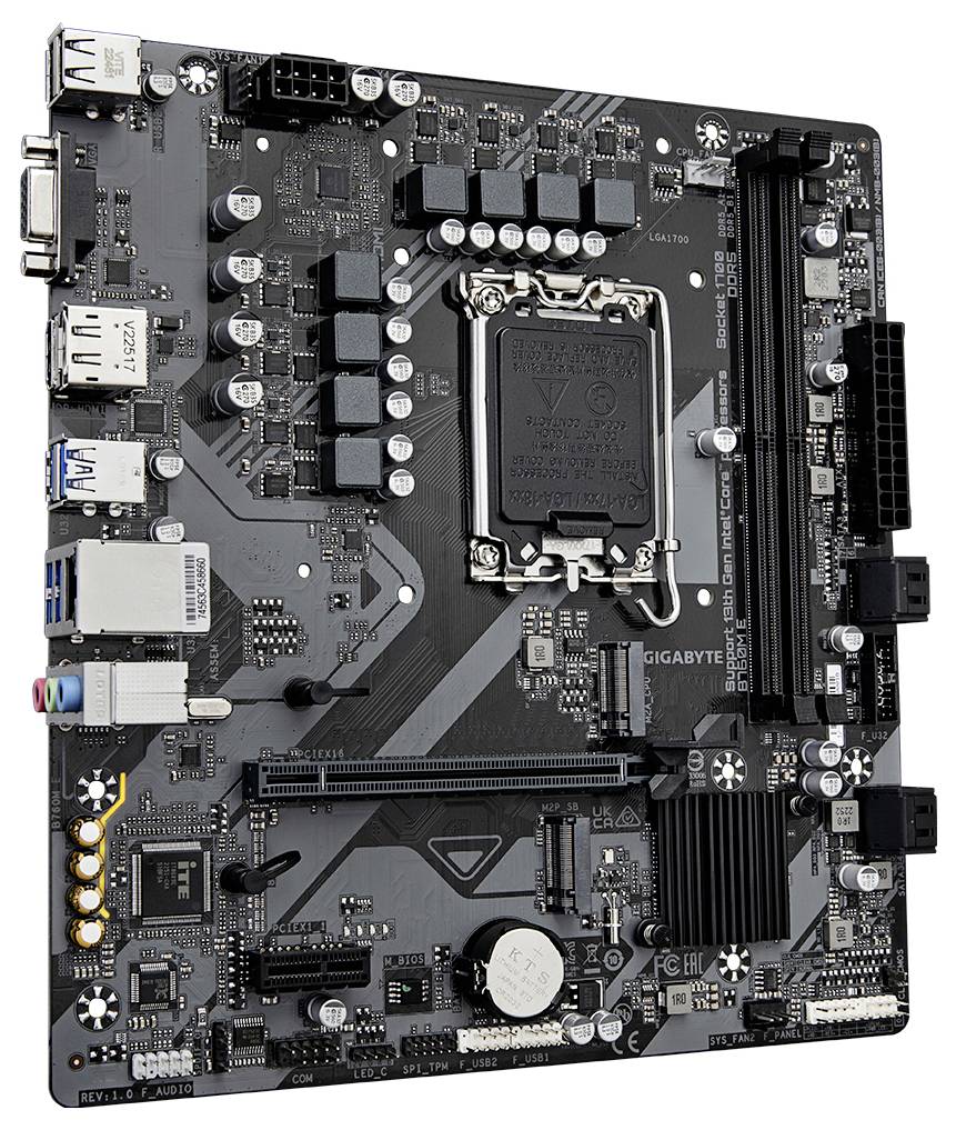 Eine Computer-Mainboard-Platine mit diversen Anschlüssen, Steckplätzen und einem CPU-Sockel von oben betrachtet.