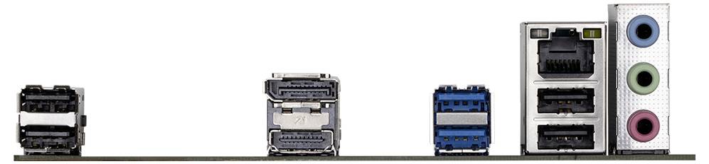 Rückseite eines Computers mit verschiedenen Anschlüssen: USB-, Ethernet- und Audiobuchsen. Design und Anordnung können variieren.