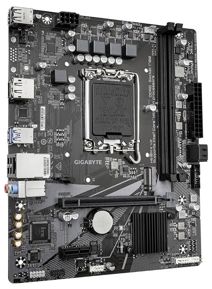 Hauptplatine einer Gigabyte-Motherboard mit verschiedenen Anschlüssen und Steckplätzen für CPU, RAM und andere Komponenten.