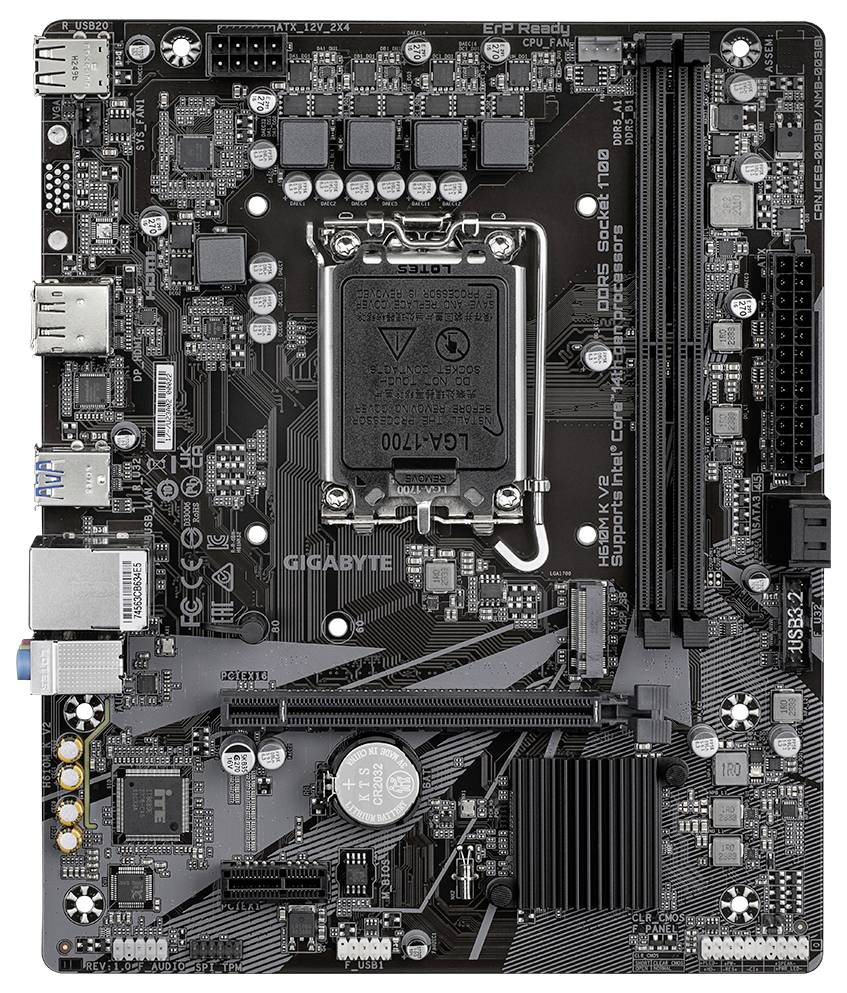 Eine Computer-Motherboard-Platine mit verschiedenen Anschlüssen, Steckplätzen und elektronischen Bauteilen, einschließlich CPU-Sockel.