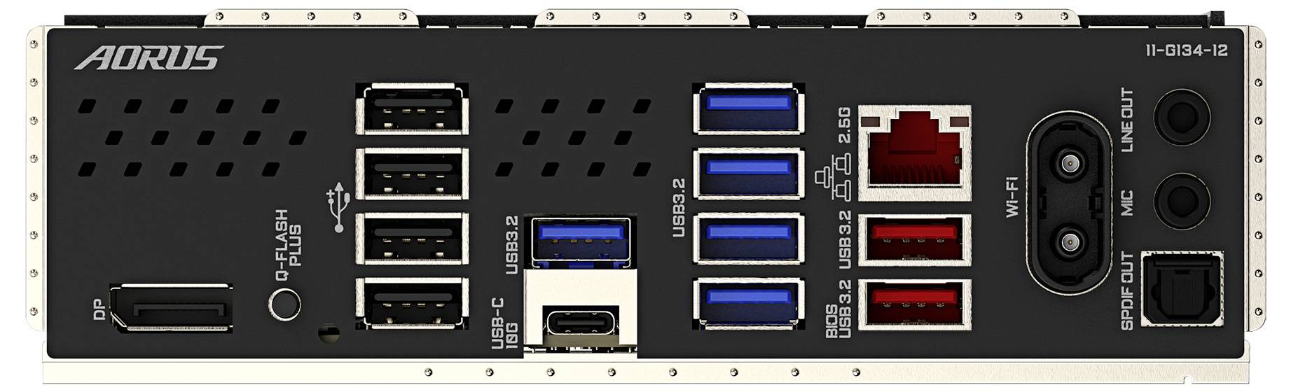 Rückansicht eines Computer-Motherboards mit verschiedenen Anschlüssen: USB, HDMI, LAN, Audio und anderen Schnittstellen.