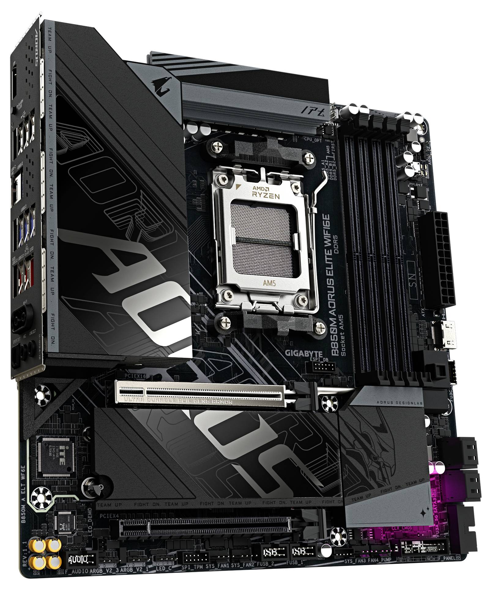 Ein schwarzes Computer-Motherboard mit Beschriftung 'AORUS' und einem AMD Ryzen-Prozessor-Sockel. Detaillierte Komponenten sind sichtbar.