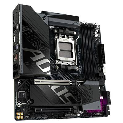 Eine Computer-Motherboard mit einem AMD Sockel für Ryzen-Prozessoren, mehreren PCIe-Steckplätzen und RAM-Bänken, markiert mit 'AORUS'.