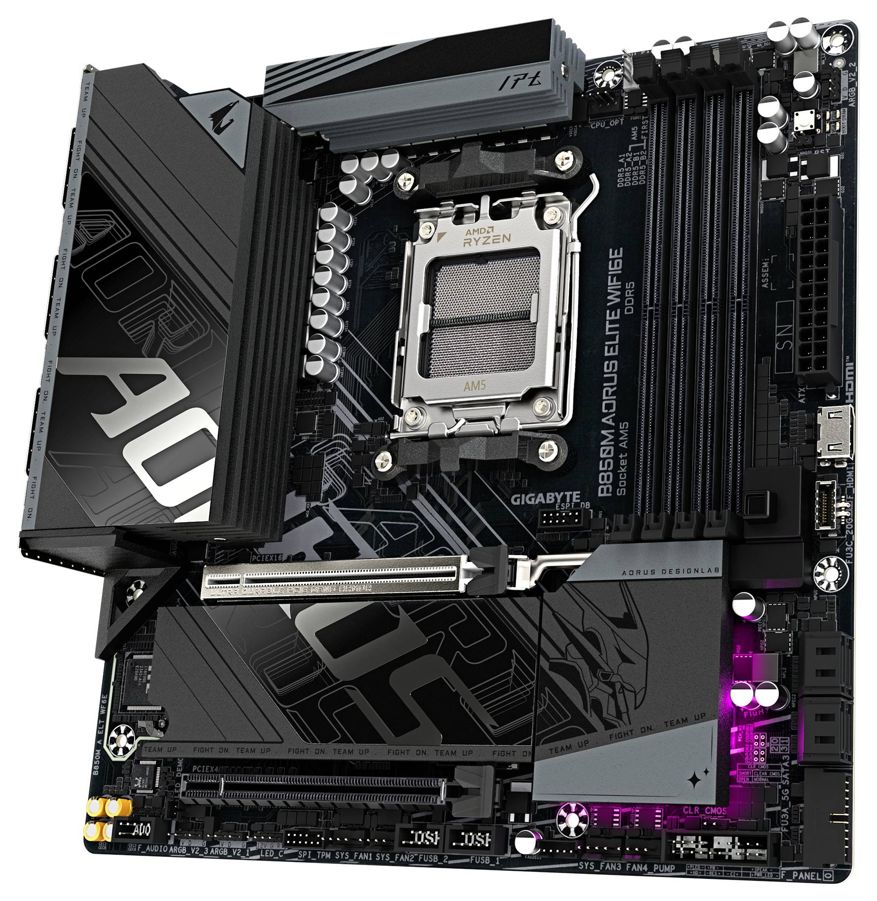 Eine 'Gigabyte B650M Aorus Elite AX' Hauptplatine mit einem AMD-Prozessor-Sockel, RAM-Steckplätzen und mehreren Anschlüssen.
