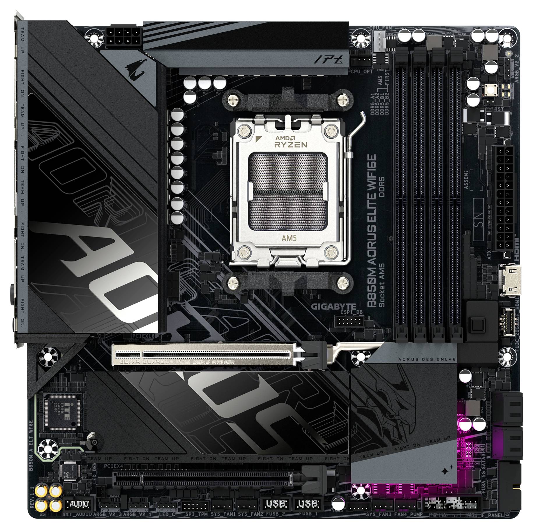 Abbildung eines GIGABYTE B650M AORUS ELITE AX Mainboards mit AM5-Sockel, PCIe-Steckplätzen und mehreren USB-Anschlüssen.
