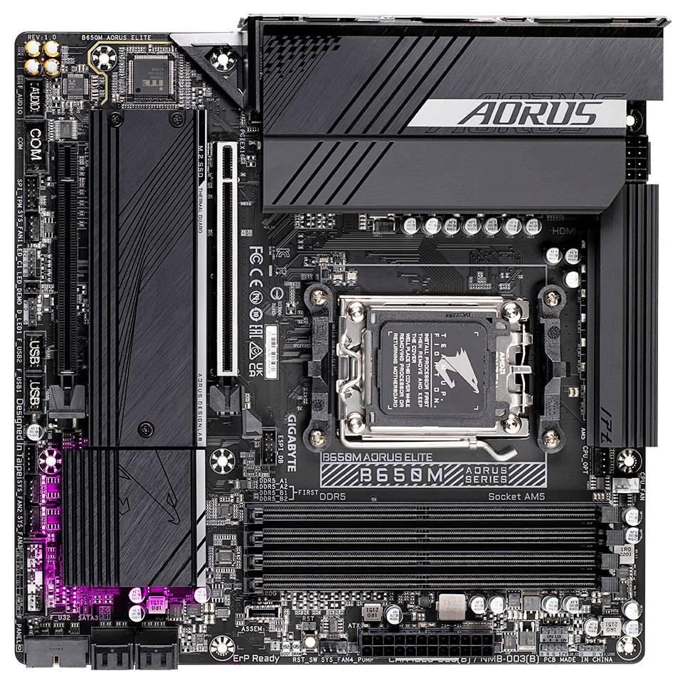 Das Bild zeigt ein AORUS B650M Elite Mainboard mit verschiedenen Steckplätzen und Anschlüssen. Zentrale Verarbeitungseinheit in der Mitte erkennbar.