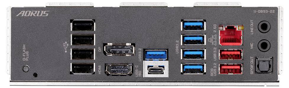 Rückseite eines Mainboards mit verschiedenen Anschlüssen: USB, Ethernet, Audio, HDMI und DisplayPort. Oben links steht 'AORUS'.