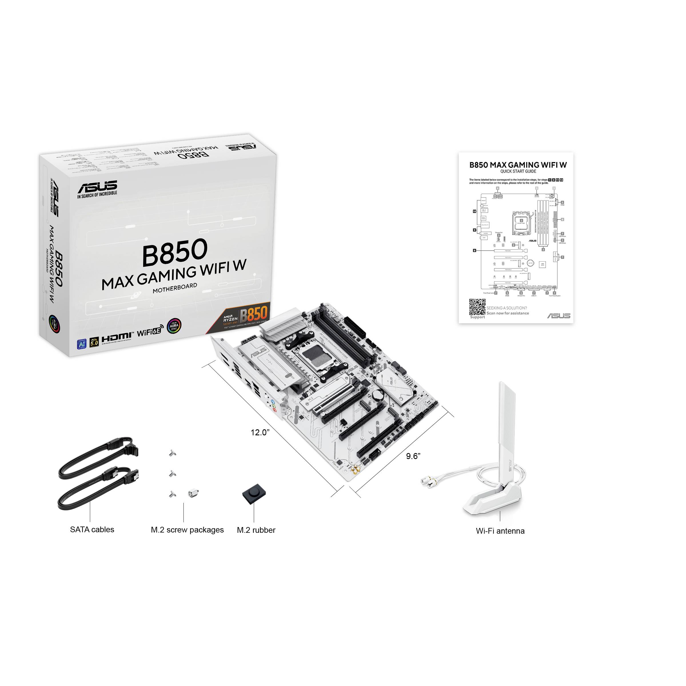 'ASUS B850 MAX GAMING WIFI W' Mainboard-Set mit Verpackung, Mainboard, SATA-Kabeln, Wi-Fi-Antenne und Zubehör.