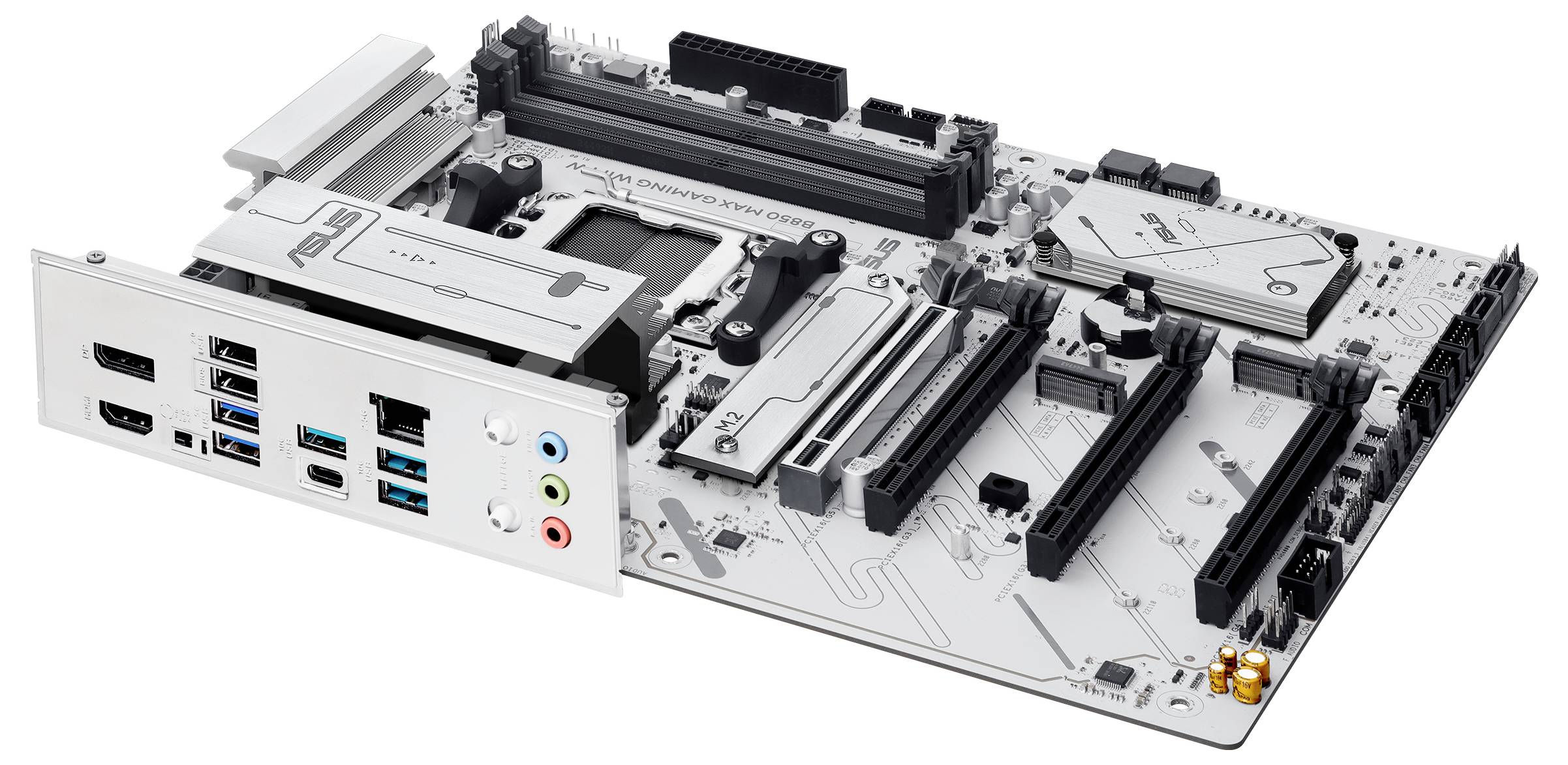 Ein Computer-Motherboard mit verschiedenen Anschlüssen und Steckplätzen für RAM, Prozessor und Erweiterungskarten.