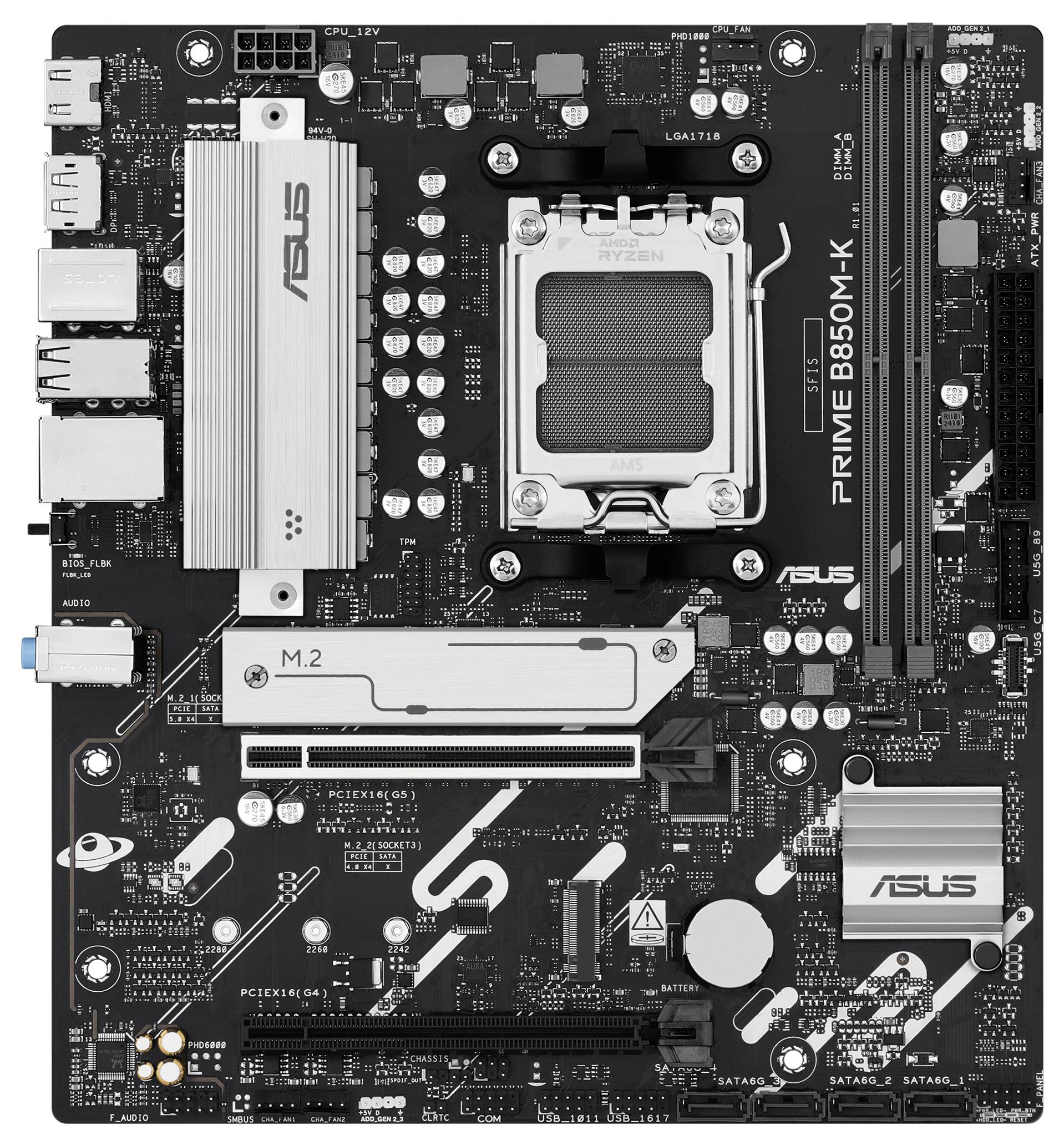 Das Bild zeigt ein ASUS-Motherboard-Modell 'PRIME B650M-K'. Zahlreiche Anschlüsse, Steckplätze und technische Komponenten sind sichtbar.