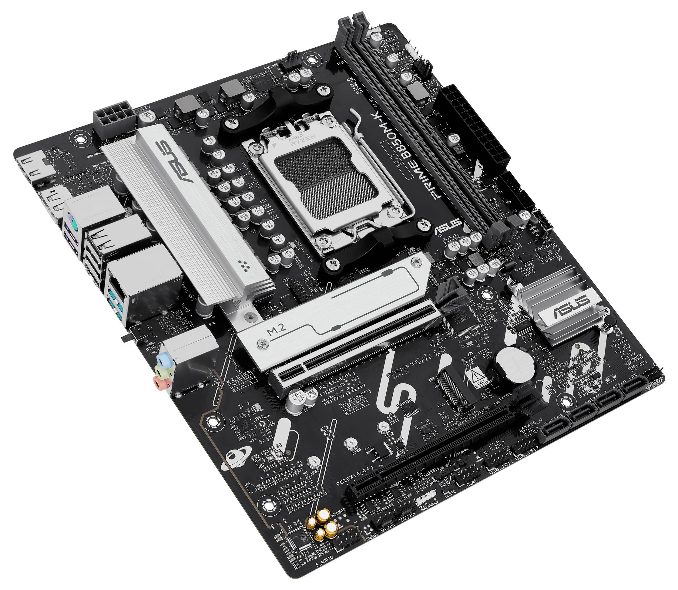 Ein schwarzes Motherboard mit CPU-Sockel, RAM-Steckplätzen, PCIe-Slots und verschiedenen Anschlüssen. Modellname: 'PRIME B560M-K'.