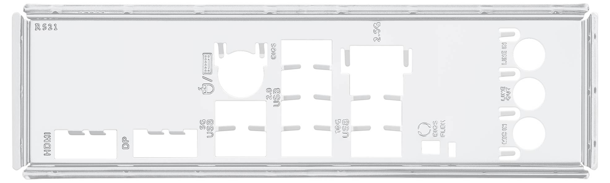 Rückseite eines Computergehäuses mit Anschlüssen für HDMI, DisplayPort, USB, Ethernet und Audio, inkl. Symbole und Beschriftungen.