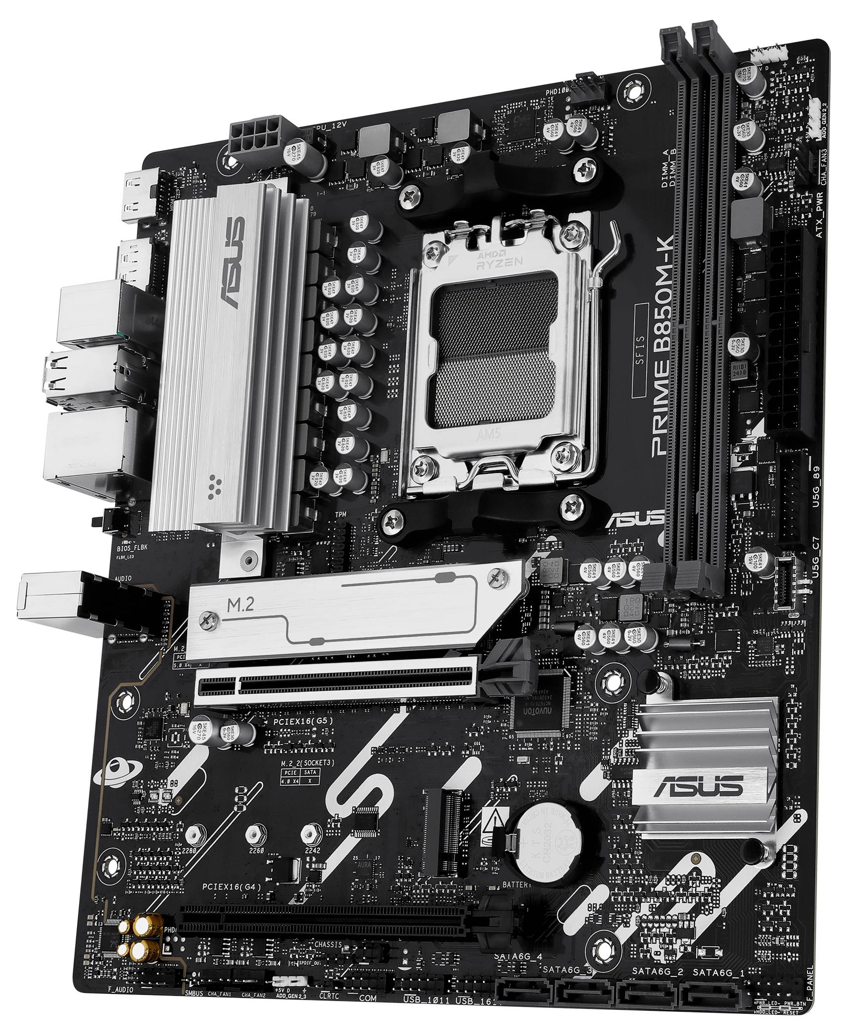 Eine ASUS-Motherboard-Platine mit mehreren Anschlüssen, Steckplätzen und einem zentralen CPU-Sockel.