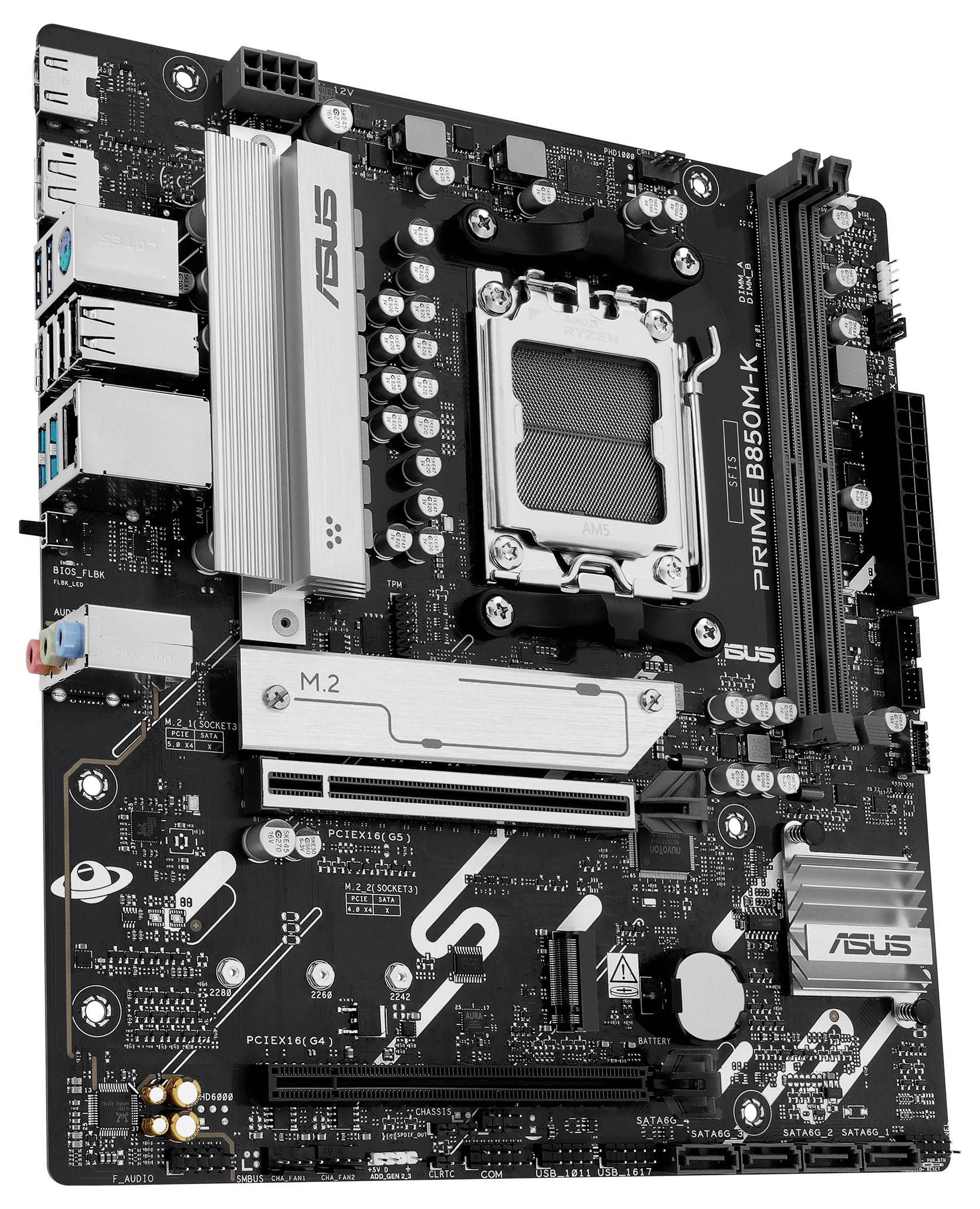'ASUS PRIME B550M-K' Hauptplatine mit Sockel AM4, PCIe-Steckplätzen, RAM-Slots, SATA-Ports. Hauptkomponenten für Computerausbau.