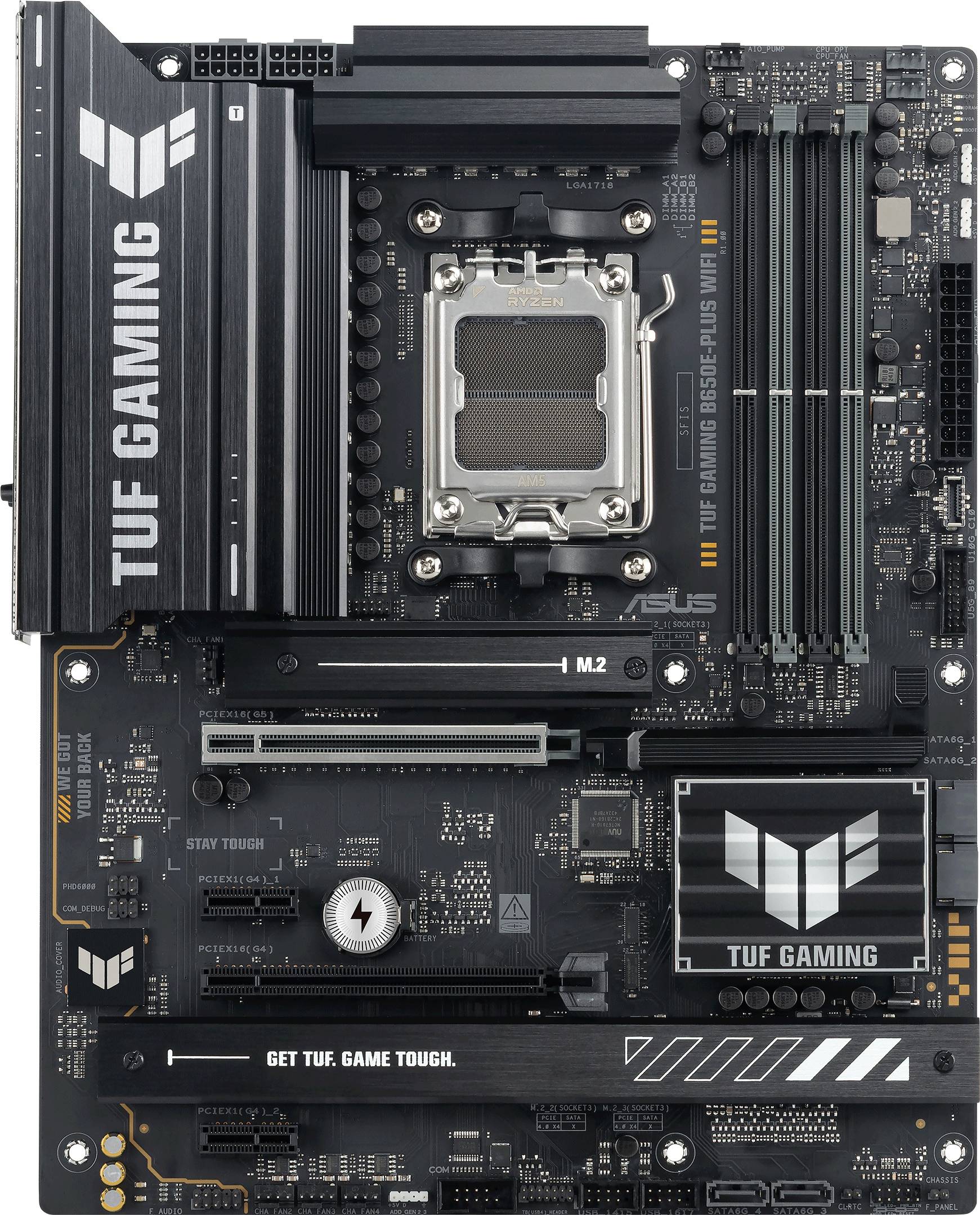 Ein ASUS TUF Gaming-Mainboard mit Sockel und mehreren Anschlüssen, geeignet für leistungsstarke Gaming-PCs.