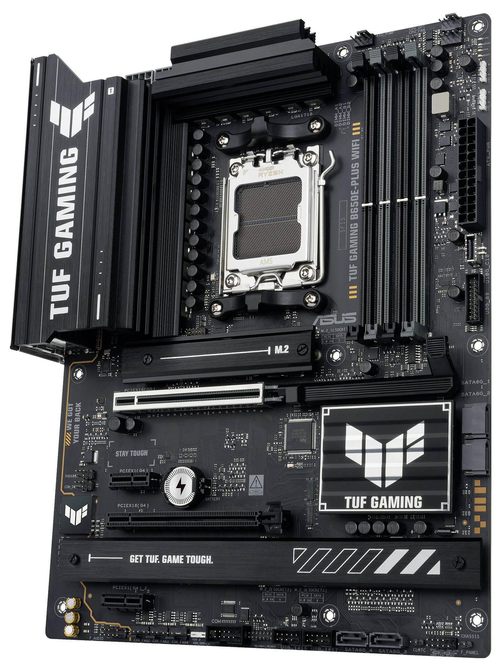 Eine schwarze ASUS TUF Gaming-Mainboard mit mehreren PCIe-Steckplätzen, RAM-Sockets und einem CPU-Sockel. Gaming-Design-Elemente.
