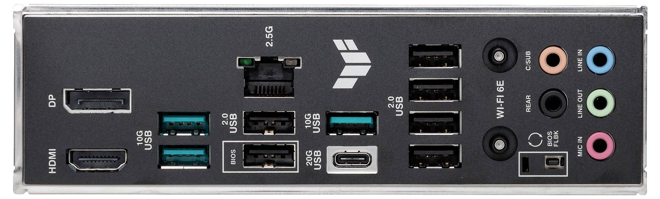 Anschlüsse auf der Rückseite eines Computers: HDMI, DP, USB-Anschlüsse, Ethernet, Audio-Ein- und Ausgänge sowie Wi-Fi 6E-Unterstützung.