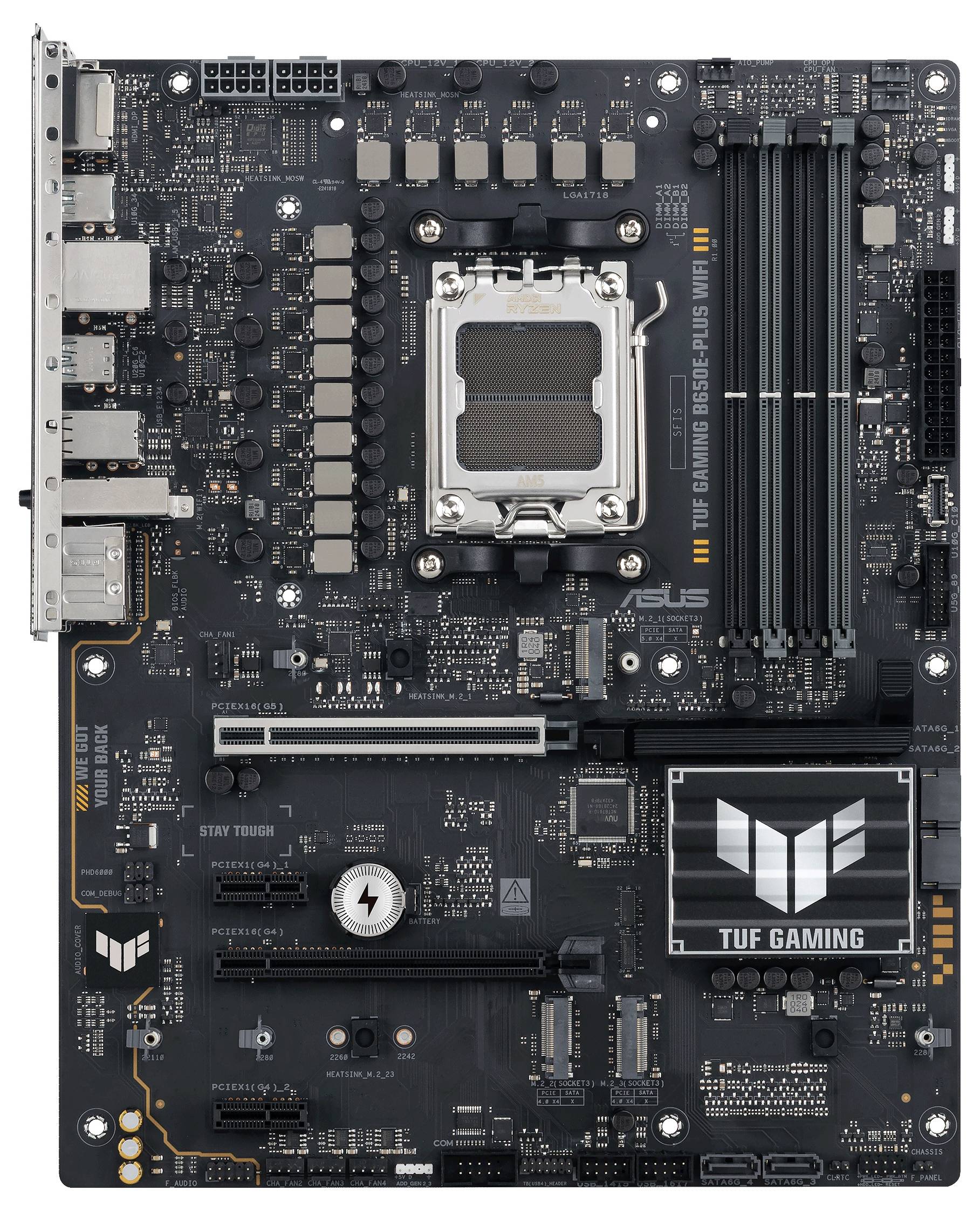 Eine ASUS TUF Gaming-Mainboard, mit Anschlüssen und Steckplätzen für Komponenten. Hauptplatine mit robustem Design, geeignet für Gaming.