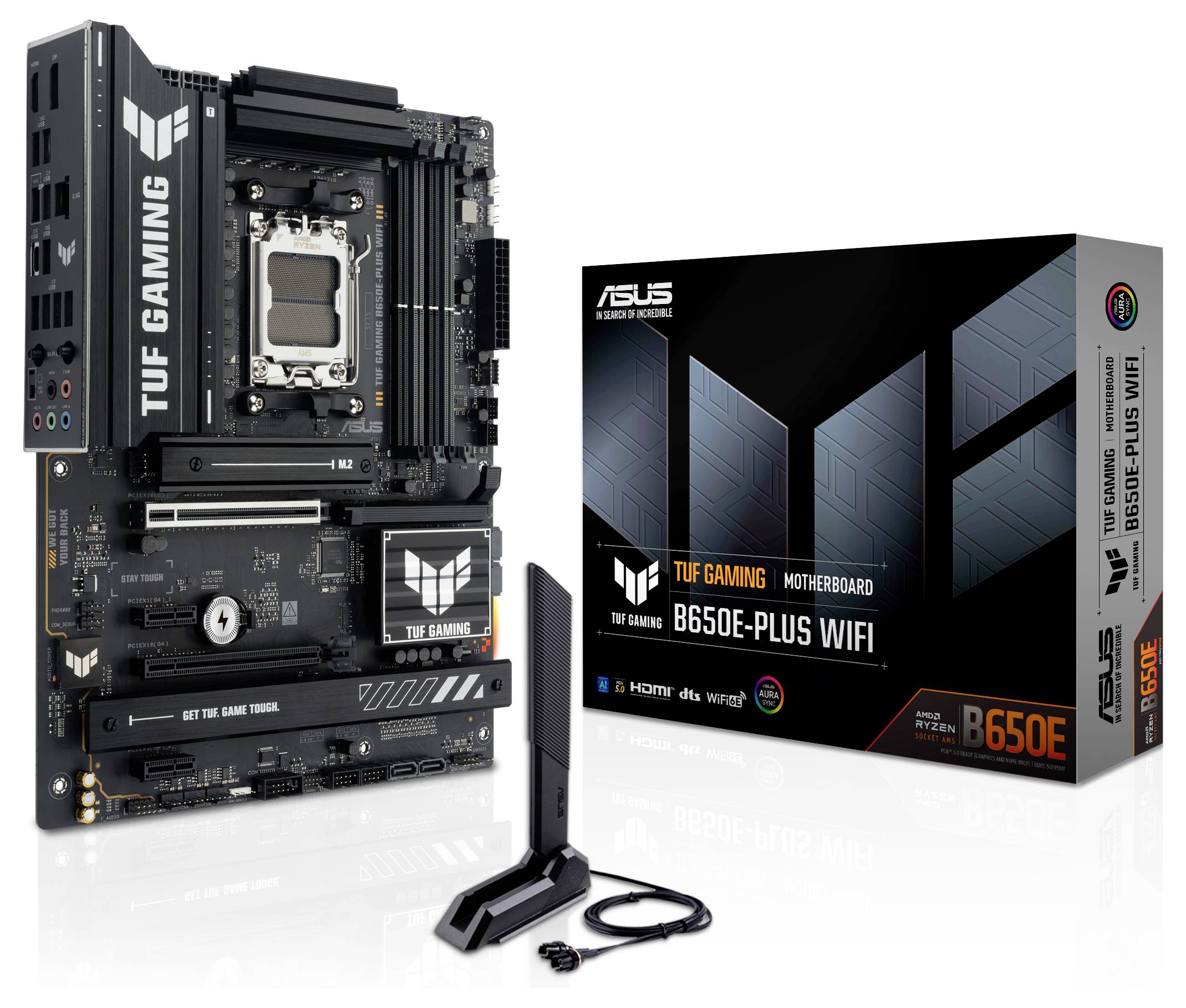 Computer-Mainboard 'TUF Gaming B650E-Plus WiFi' von ASUS mit Verpackung und Antenne, geeignet für gaming-orientierte Setups.