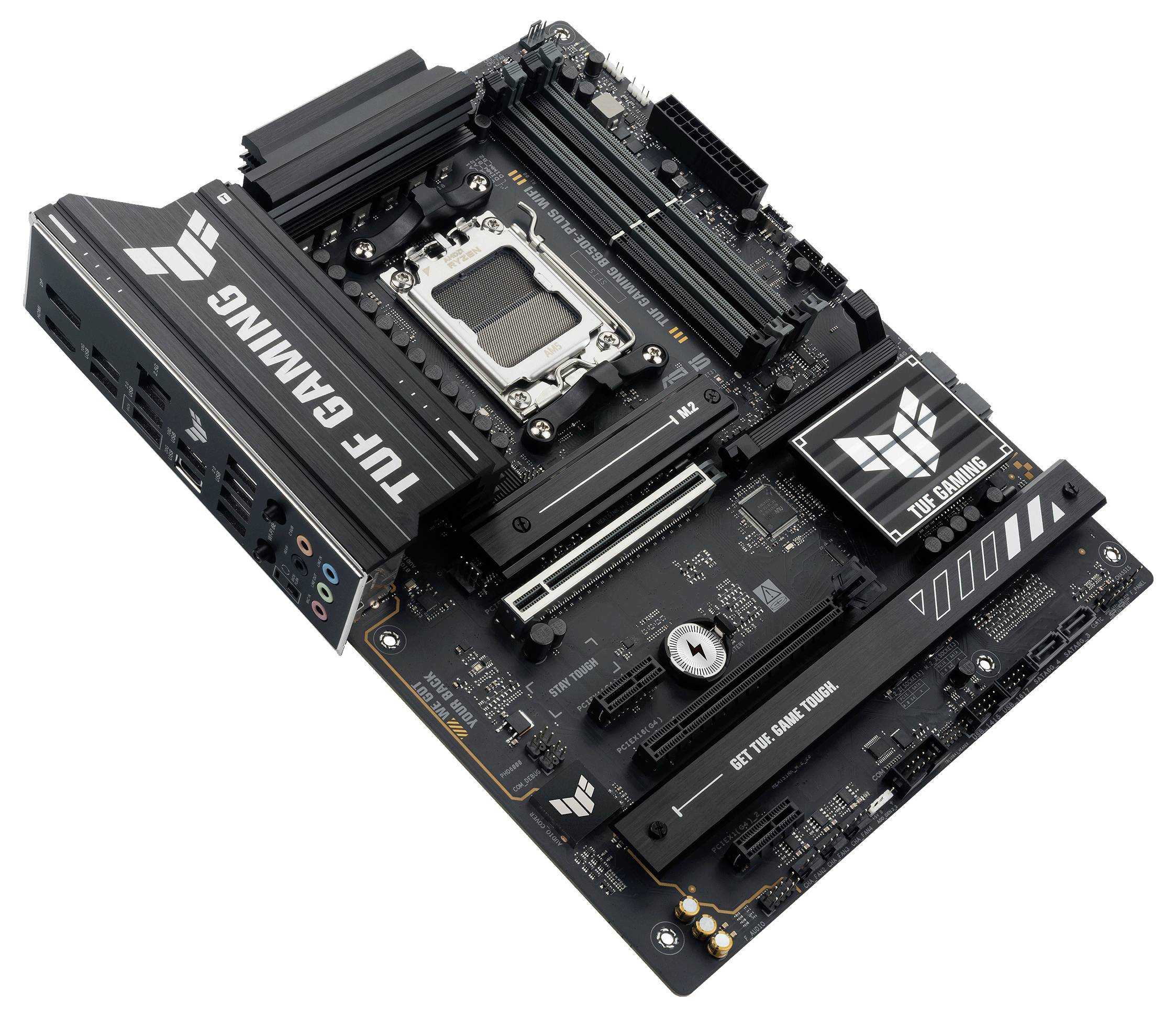 Ein schwarz-graues Mainboard mit der Aufschrift 'TUF Gaming', zahlreichen Steckplätzen und Anschlüssen, geeignet für leistungsstarke Computeranwendungen.