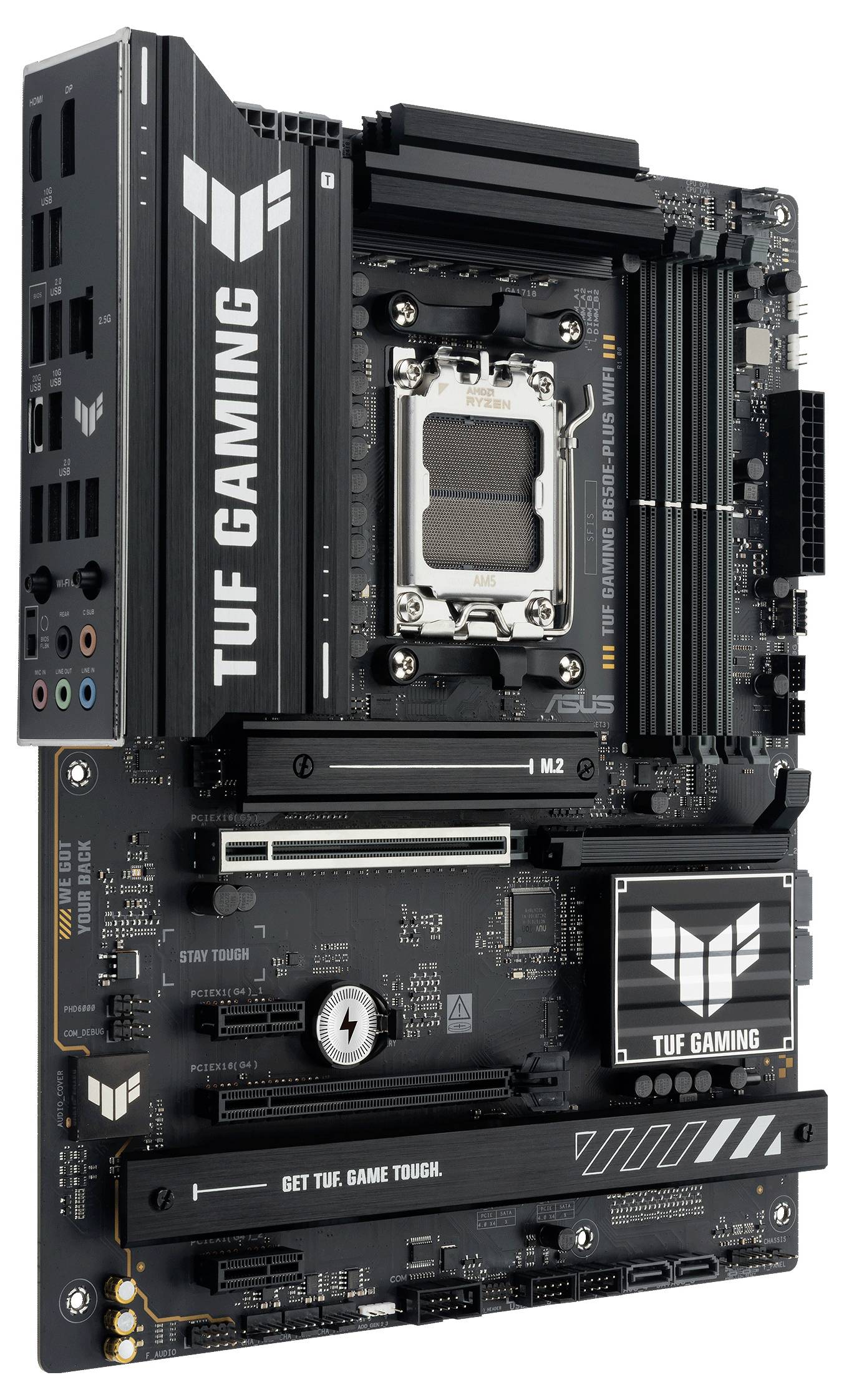 TUF Gaming-Motherboard mit CPU-Sockel, RAM-Steckplätzen und Erweiterungssteckplätzen; Markenlogo und technische Anschlüsse sichtbar.