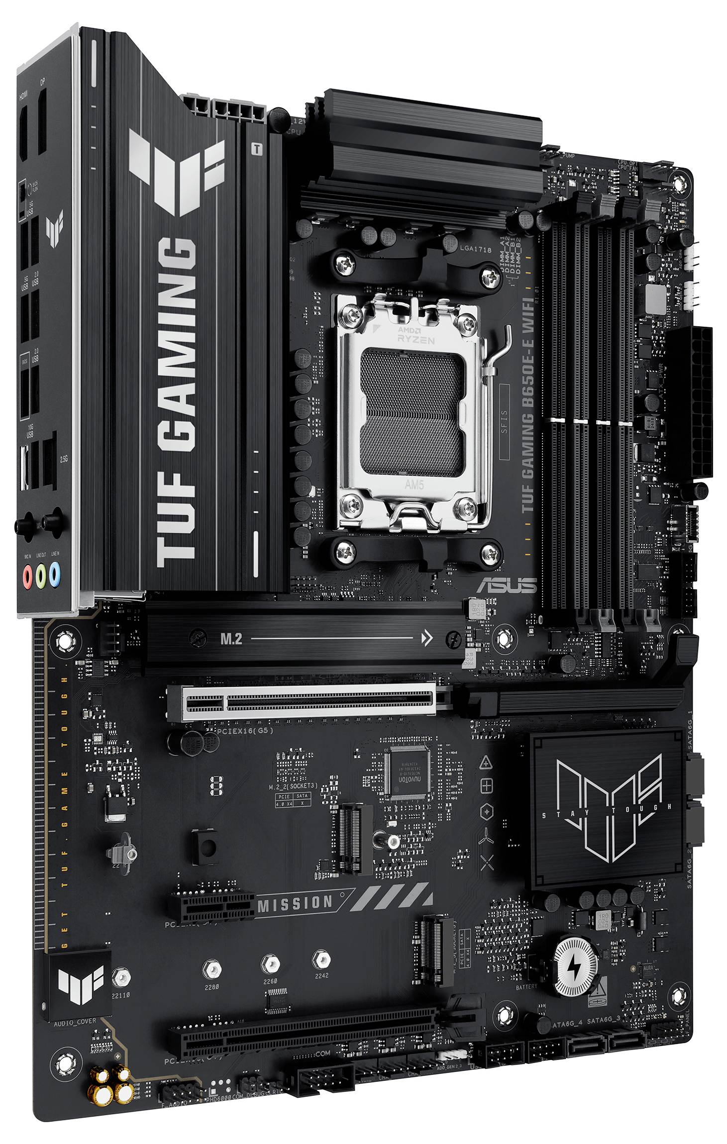 Mainboard ASUS TUF Gaming, schwarzes Design, erweiterte Kühlkörper, mehrere PCIe-Steckplätze, Sockel für Prozessor, Audioanschlüsse.