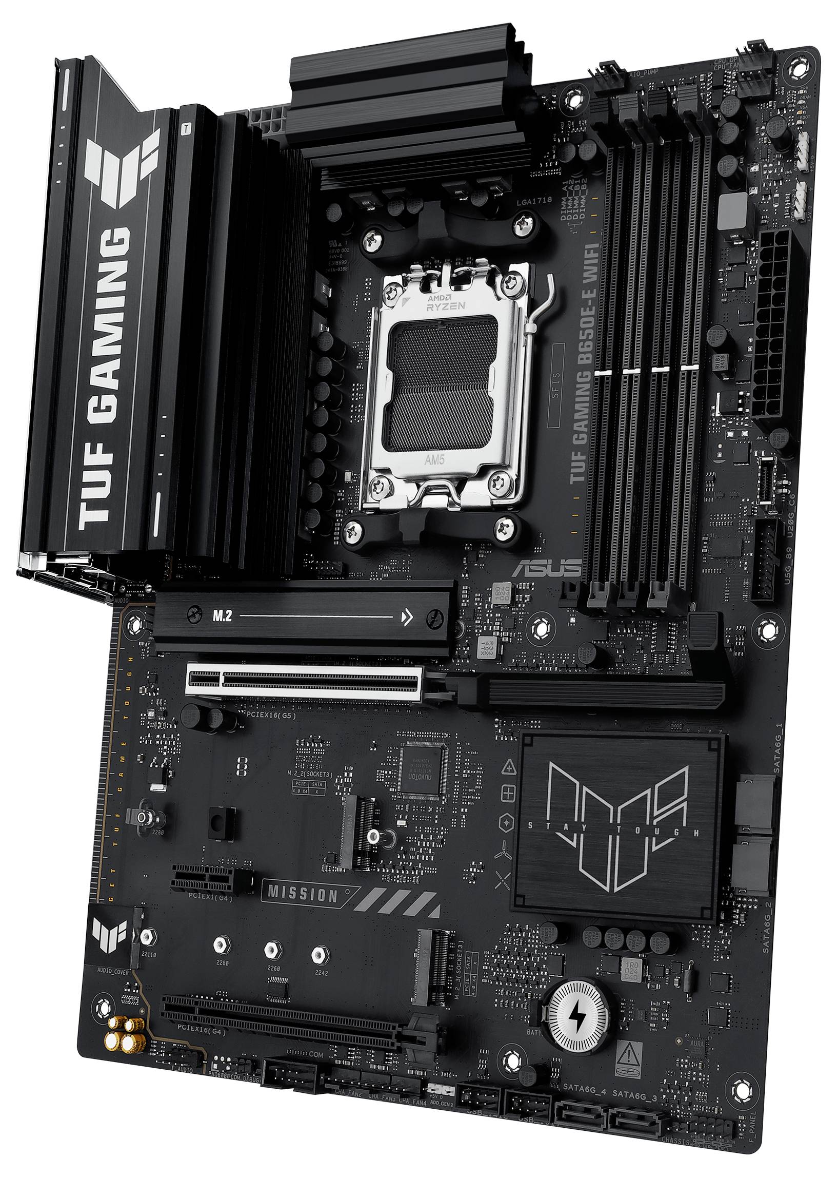 Eine schwarze Gaming-Mainboard-Platine mit mehreren Steckplätzen und Anschlüssen, markiert mit 'TUF Gaming', zeigt die Hardware-Konfiguration.
