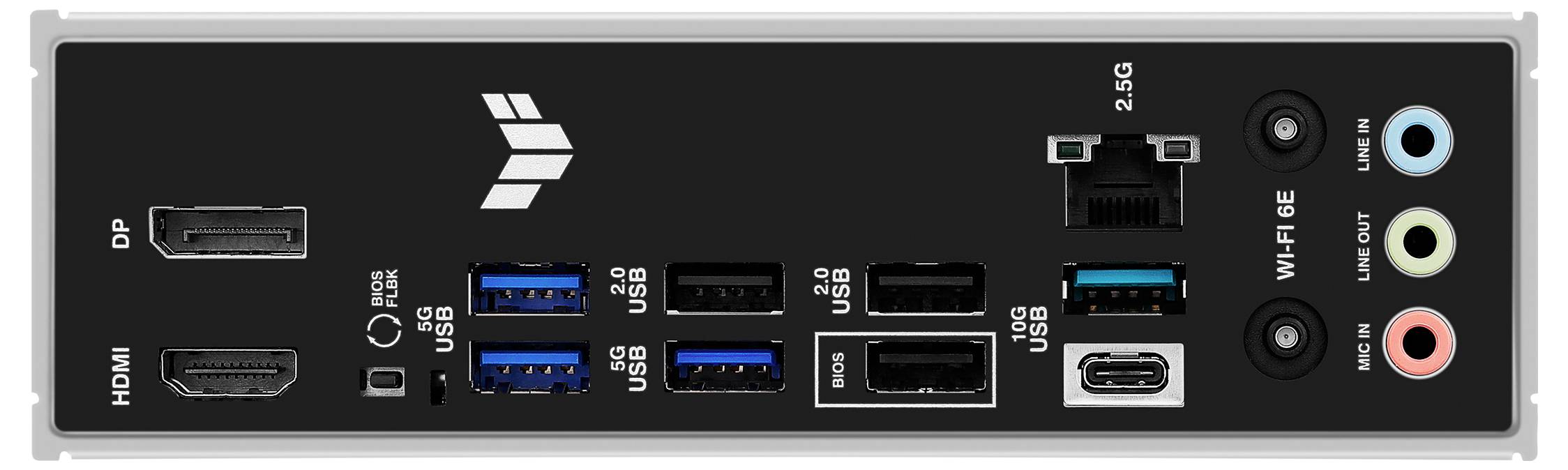 Rückseite eines elektronischen Geräts mit Anschlüssen: DisplayPort, HDMI, USB-Ports, Ethernet, Audioanschlüsse und Stromversorgung.
