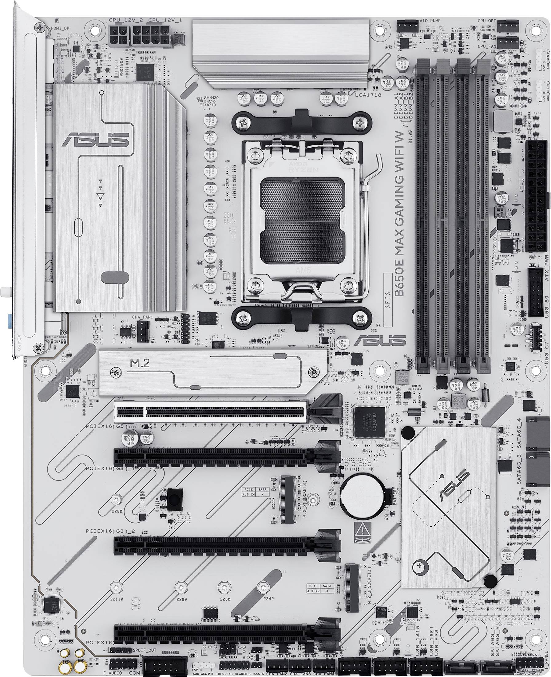 Ein Computer-Motherboard, das verschiedene Steckplätze und Anschlüsse für CPU, RAM und Erweiterungskarten zeigt.