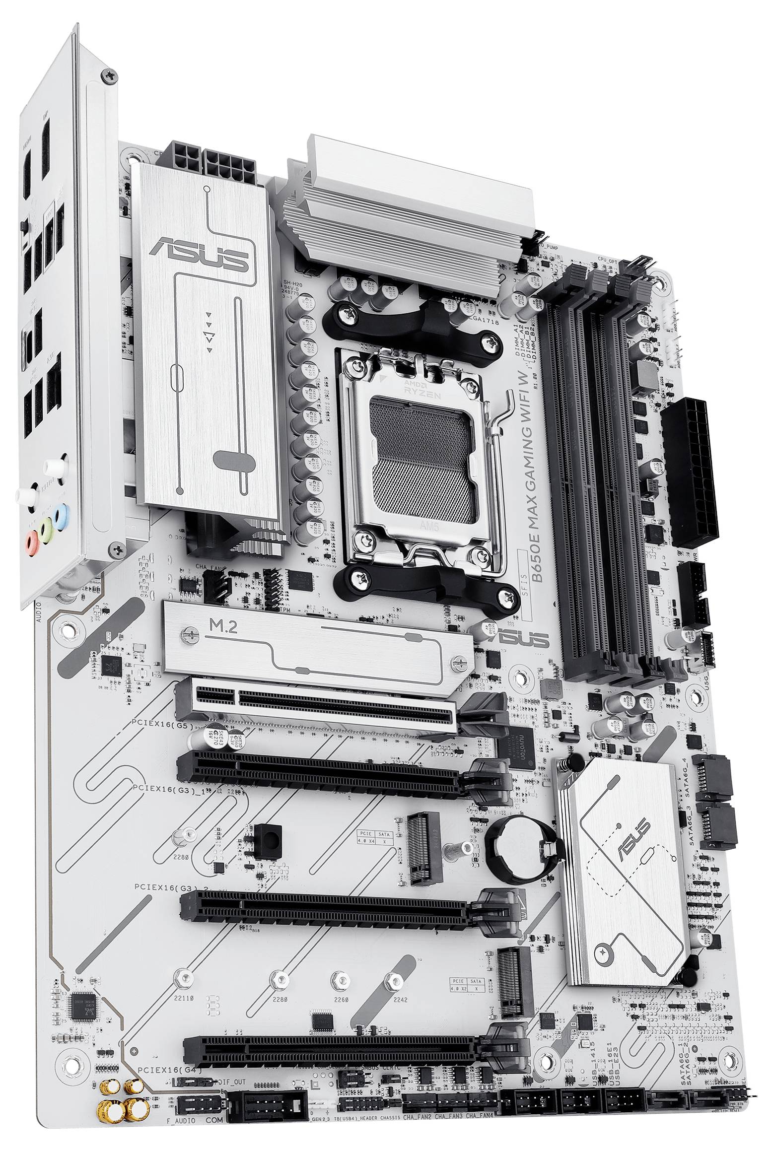 Mainboard mit mehreren PCIe-Steckplätzen, RAM-Slots und Anschlüssen. 'ASUS' Logo sichtbar. Kompatibel mit modernem Prozessor.