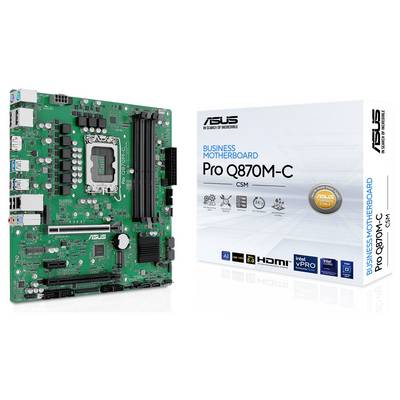 'ASUS Pro Q870M-C CSM' Mainboard und Verpackung. Hauptplatine mit Intel-Sockel, mehreren Anschlüssen und grünem PCB. Verpackung zeigt Logos und Modellname.